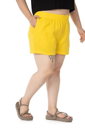 Plus Size Mustard Shorts with Elastic Waist and Side Pockets
