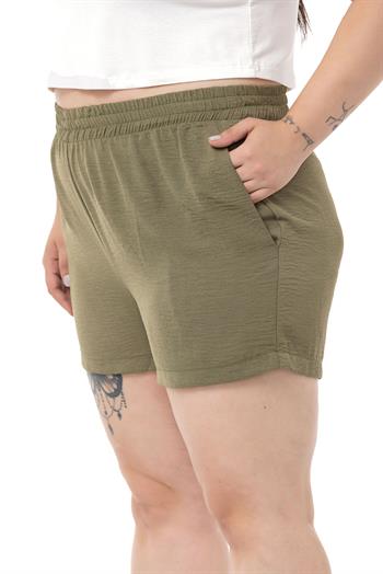 Plus Size Khaki Shorts with Elastic Waist and Side Pockets