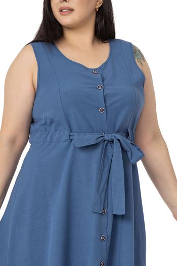 Büyük Beden Beli Tünelli Kolsuz İndigo Elbise