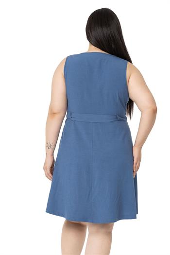 Büyük Beden Beli Tünelli Kolsuz İndigo Elbise