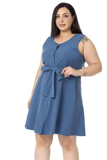 Büyük Beden Beli Tünelli Kolsuz İndigo Elbise