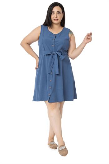 Büyük Beden Beli Tünelli Kolsuz İndigo Elbise