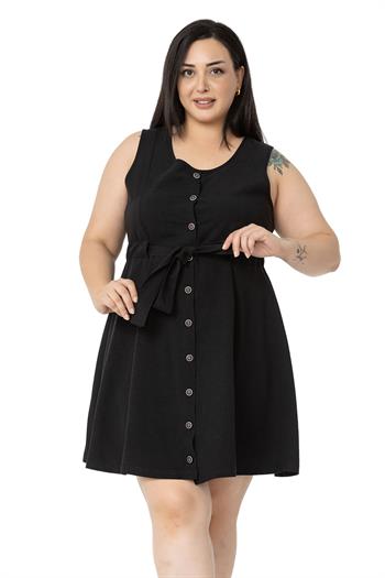 Büyük Beden Beli Tünelli Kolsuz Siyah Elbise