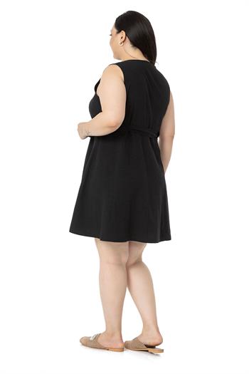 Büyük Beden Beli Tünelli Kolsuz Siyah Elbise