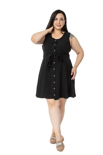 Büyük Beden Beli Tünelli Kolsuz Siyah Elbise