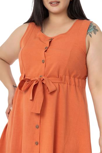 Büyük Beden Beli Tünelli Kolsuz Tarçın Elbise