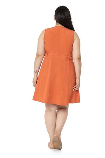 Büyük Beden Beli Tünelli Kolsuz Tarçın Elbise