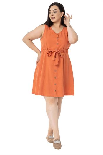 Büyük Beden Beli Tünelli Kolsuz Tarçın Elbise