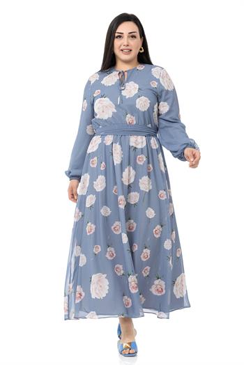 Plus Size Long Navy Blue Dress with Elastic Waist and Cuffs, Belted Chiffon Lining