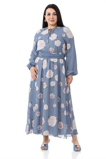 Plus Size Long Navy Blue Dress with Elastic Waist and Cuffs, Belted Chiffon Lining