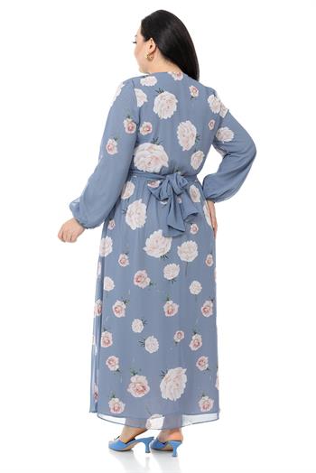 Plus Size Long Navy Blue Dress with Elastic Waist and Cuffs, Belted Chiffon Lining
