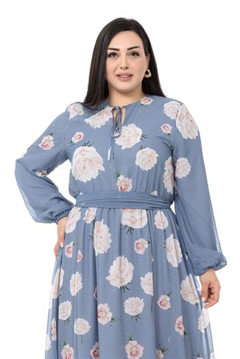 Plus Size Long Navy Blue Dress with Elastic Waist and Cuffs, Belted Chiffon Lining