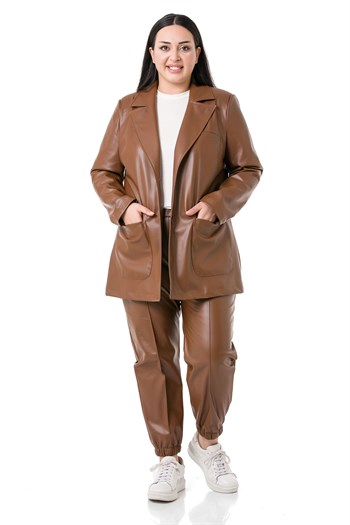 Büyük Beden Beli ve Paçası Lastikli Cepli Kahverengi Deri Pantolon