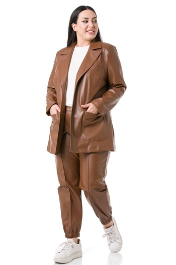 Büyük Beden Beli ve Paçası Lastikli Cepli Kahverengi Deri Pantolon