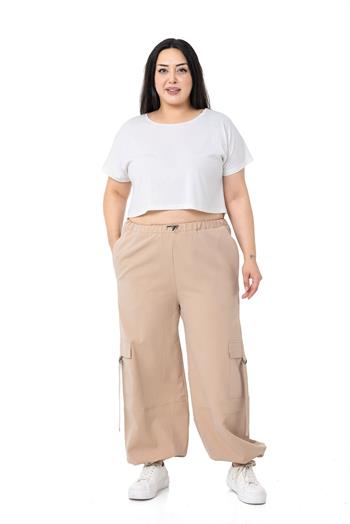 Plus Size Mink Parachute Trousers with Elastic Waist and Legs and Cargo Pocket