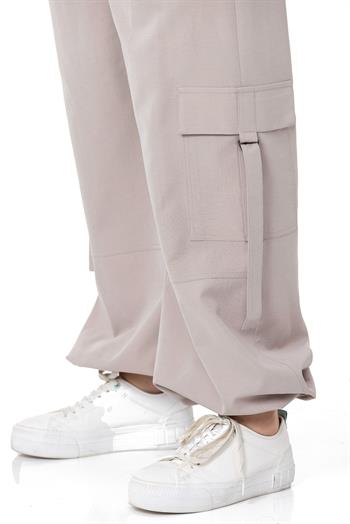 Plus Size Stone Parachute Trousers with Elastic Waist and Legs and Cargo Pocket