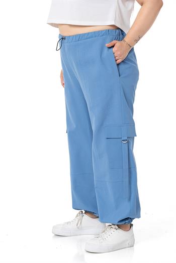 Plus Size Blue Parachute Trousers with Elastic Waist and Legs and Cargo Pocket