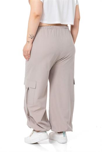 Plus Size Stone Parachute Trousers with Elastic Waist and Legs and Cargo Pocket