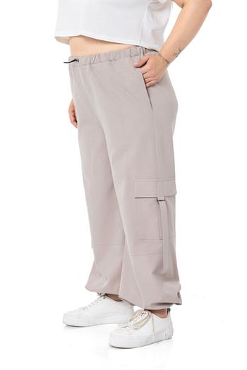 Plus Size Stone Parachute Trousers with Elastic Waist and Legs and Cargo Pocket