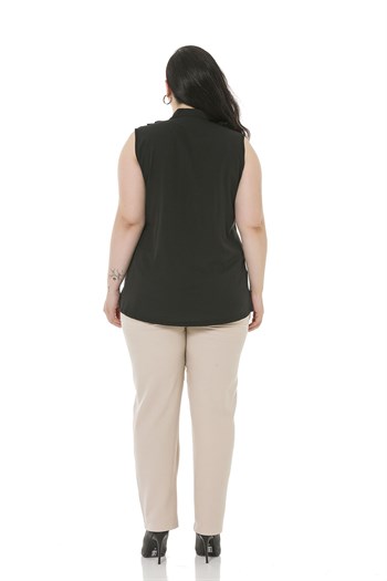 Plus Size Beige Trousers with Side and Back Elastic Waist Narrow Leg Pockets