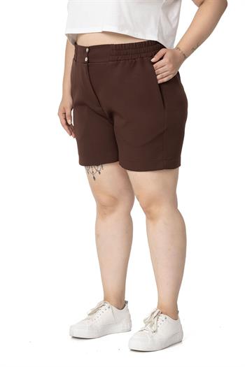 Plus Size Brown Shorts with Side and Back Elastic Waist Pockets