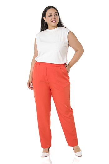 Plus Size Orange Trousers with Side and Back Elastic Waist Narrow Leg Pockets