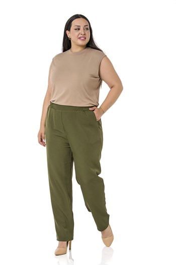 Plus Size Khaki Trousers with Side and Back Elastic Waist Narrow Leg Pocket
