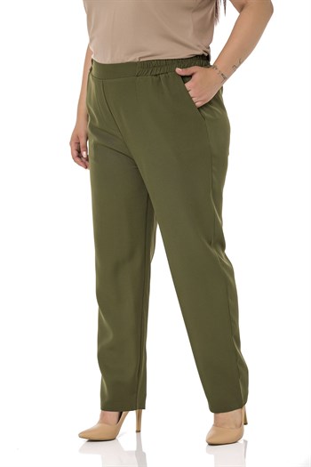Plus Size Khaki Trousers with Side and Back Elastic Waist Narrow Leg Pocket