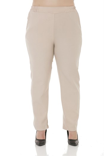 Plus Size Beige Trousers with Side and Back Elastic Waist Narrow Leg Pockets