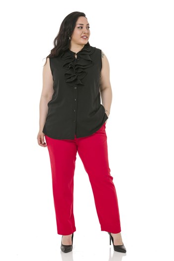 Plus Size Red Trousers with Side and Back Elastic Waist Narrow Leg Pockets