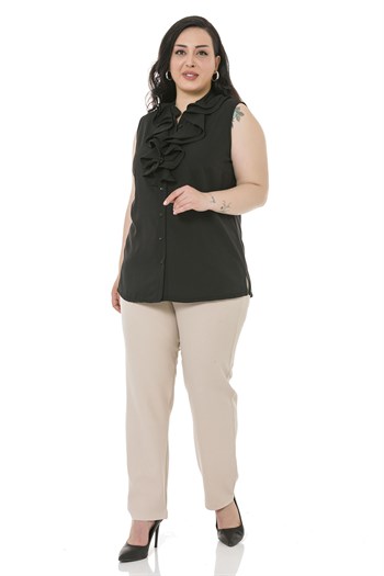 Plus Size Beige Trousers with Side and Back Elastic Waist Narrow Leg Pockets