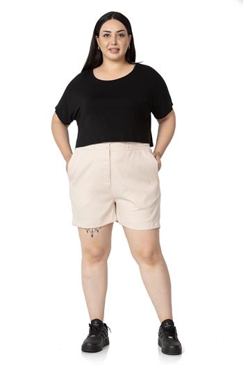 Plus Size Beige Shorts with Side and Back Elastic Waist Pockets