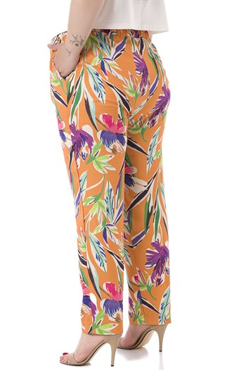 Plus Size Leaf Printed Orange Trousers with Side and Back Elastic Waist Pockets