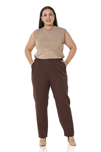 Plus Size Brown Trousers with Side and Back Elastic Waist Narrow Leg Pocket