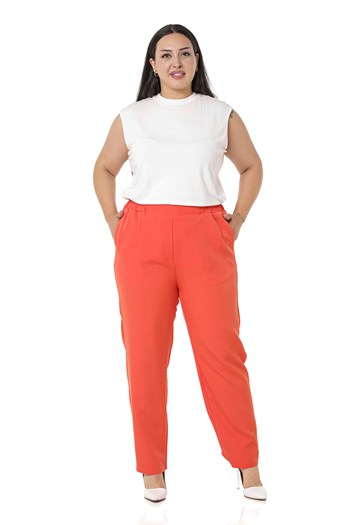 Plus Size Orange Trousers with Side and Back Elastic Waist Narrow Leg Pockets