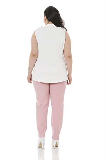 Plus Size Light Pink Trousers with Side and Back Elastic Waist Narrow Leg Pockets