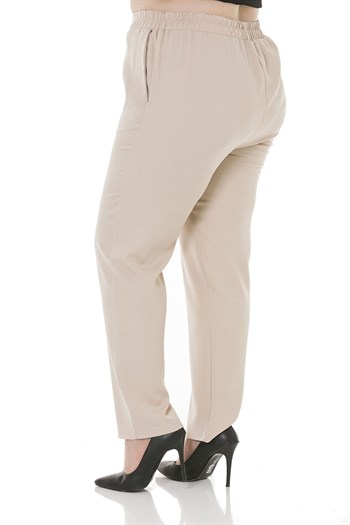 Plus Size Beige Trousers with Side and Back Elastic Waist Narrow Leg Pockets