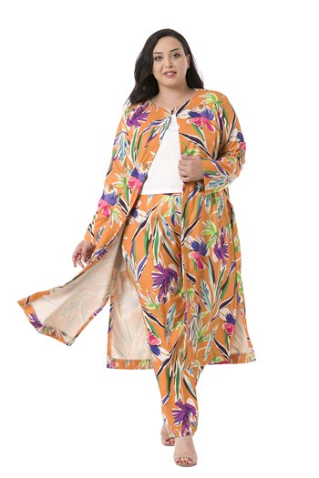 Plus Size Leaf Printed Orange Trousers with Side and Back Elastic Waist Pockets