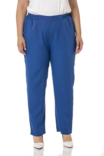 Plus Size İndigo Trousers with Side and Back Elastic Waist Narrow Leg Pocket