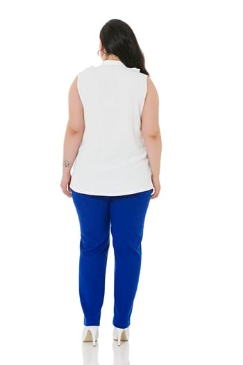 Plus Size Sax Blue Trousers with Side and Back Elastic Waist Narrow Leg Pockets