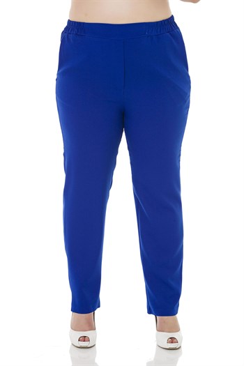 Plus Size Sax Blue Trousers with Side and Back Elastic Waist Narrow Leg Pockets