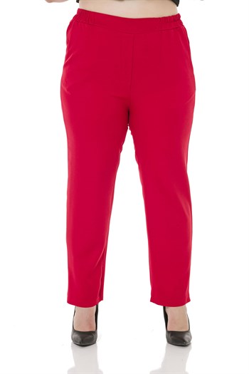 Plus Size Red Trousers with Side and Back Elastic Waist Narrow Leg Pockets