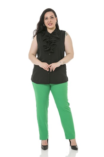 Plus Size Green Trousers with Side and Back Elastic Waist Narrow Leg Pockets