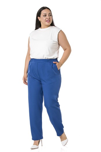 Plus Size İndigo Trousers with Side and Back Elastic Waist Narrow Leg Pocket