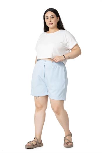 Plus Size Baby Blue Shorts with Side and Back Elastic Waist Pockets