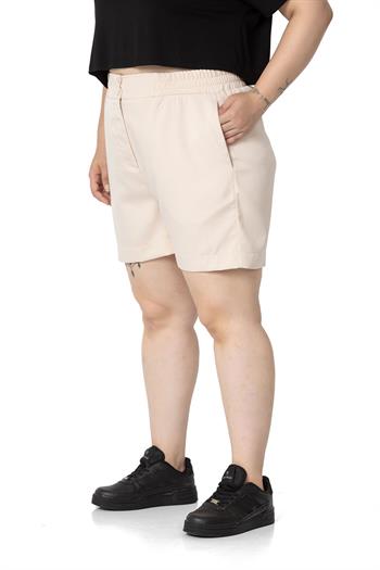 Plus Size Beige Shorts with Side and Back Elastic Waist Pockets