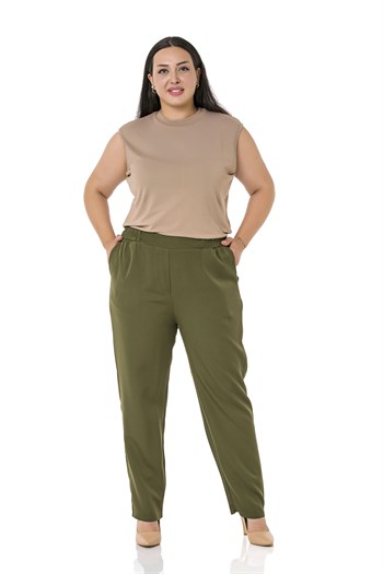 Plus Size Khaki Trousers with Side and Back Elastic Waist Narrow Leg Pocket
