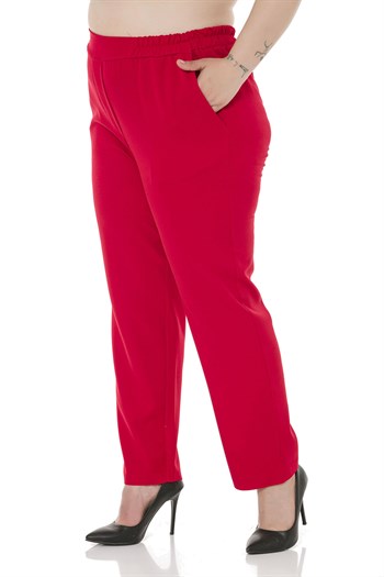 Plus Size Red Trousers with Side and Back Elastic Waist Narrow Leg Pockets