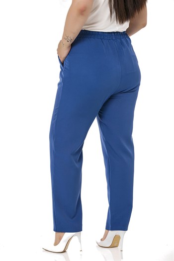 Plus Size İndigo Trousers with Side and Back Elastic Waist Narrow Leg Pocket