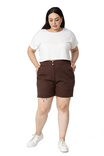 Plus Size Brown Shorts with Side and Back Elastic Waist Pockets